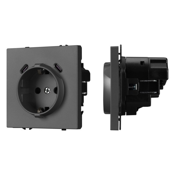 Розетка ARL NOBE со шторками и USB тип C+С, серый базальт, встраиваемая